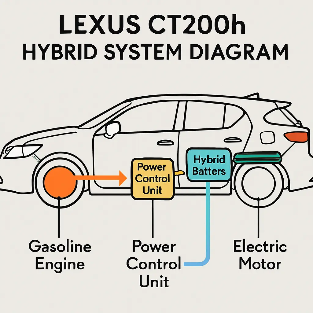 Lexus CT200h hybrid system diagram showing engine, battery, and electric motor