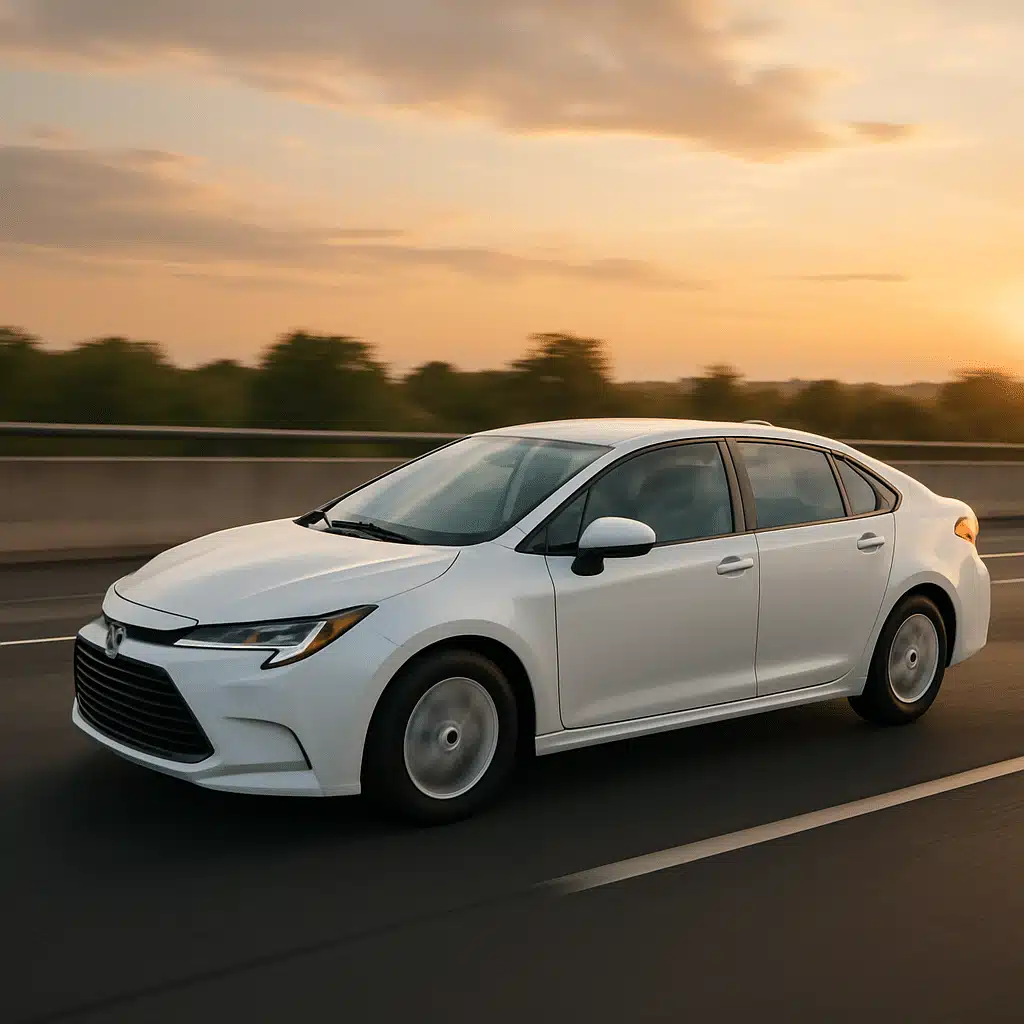 White hybrid car driving on a highway at sunset