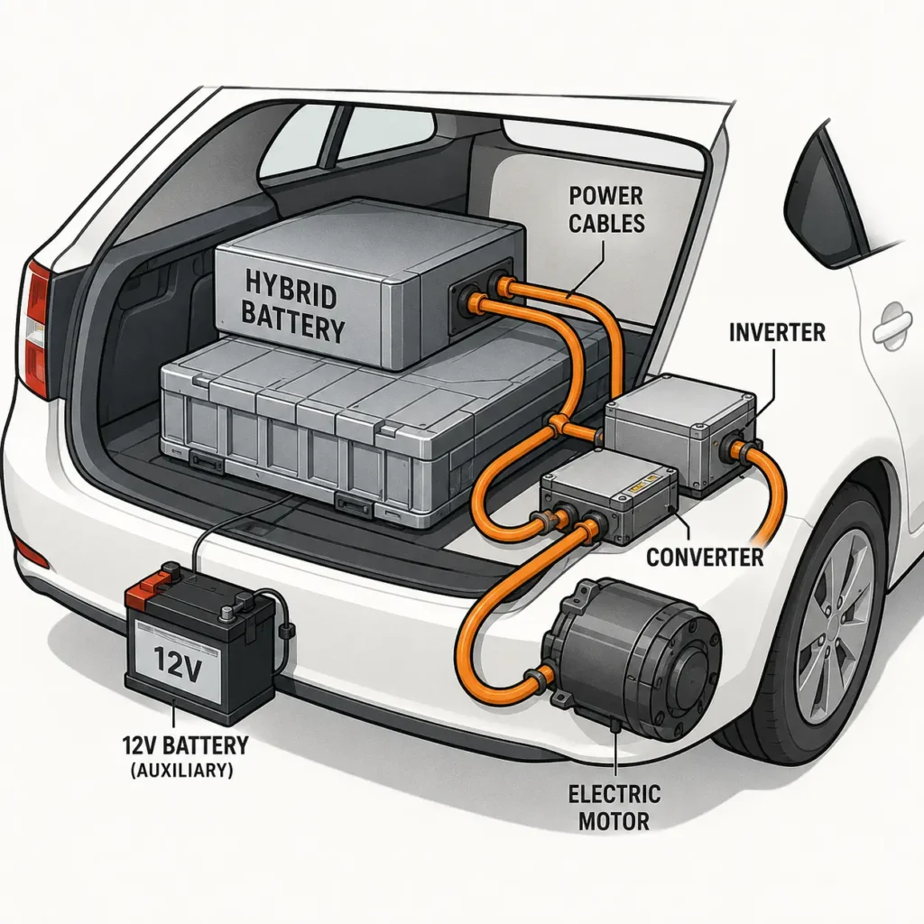 Diagram comparing the 12V auxiliary battery and the high-voltage hybrid battery in a Toyota hybrid vehicle.