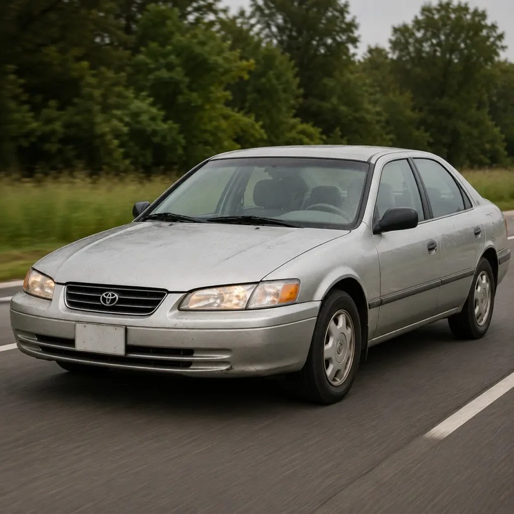 Used Toyota sedan driving on a country road, illustrating the benefits of buying a reliable used Toyota.
