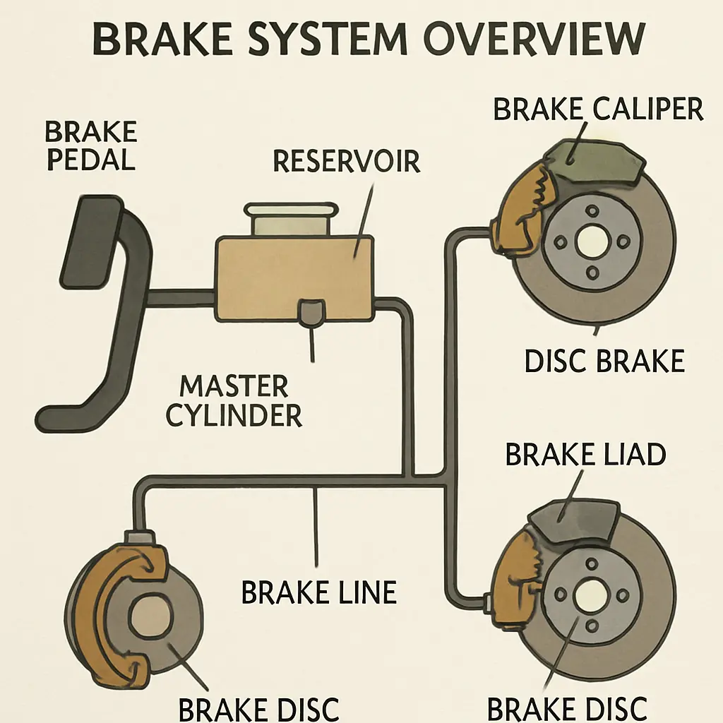 AI-generated image showing an overview of the brake system in a hybrid vehicle
