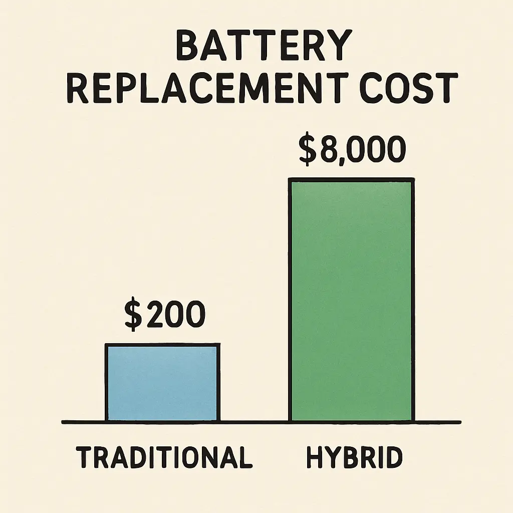 AI-generated image comparing costs of traditional car battery replacement versus hybrid battery replacement