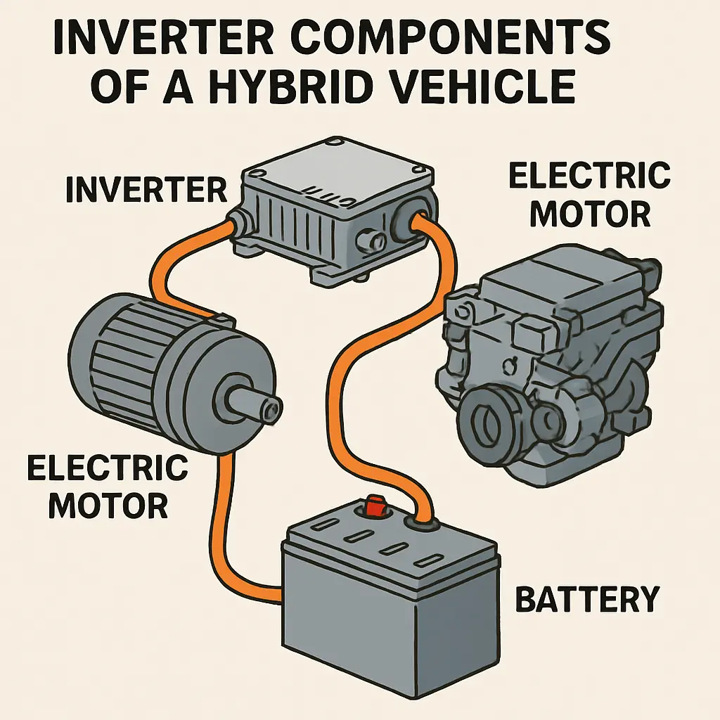 AI-generated image showing inverter components inside a hybrid vehicle