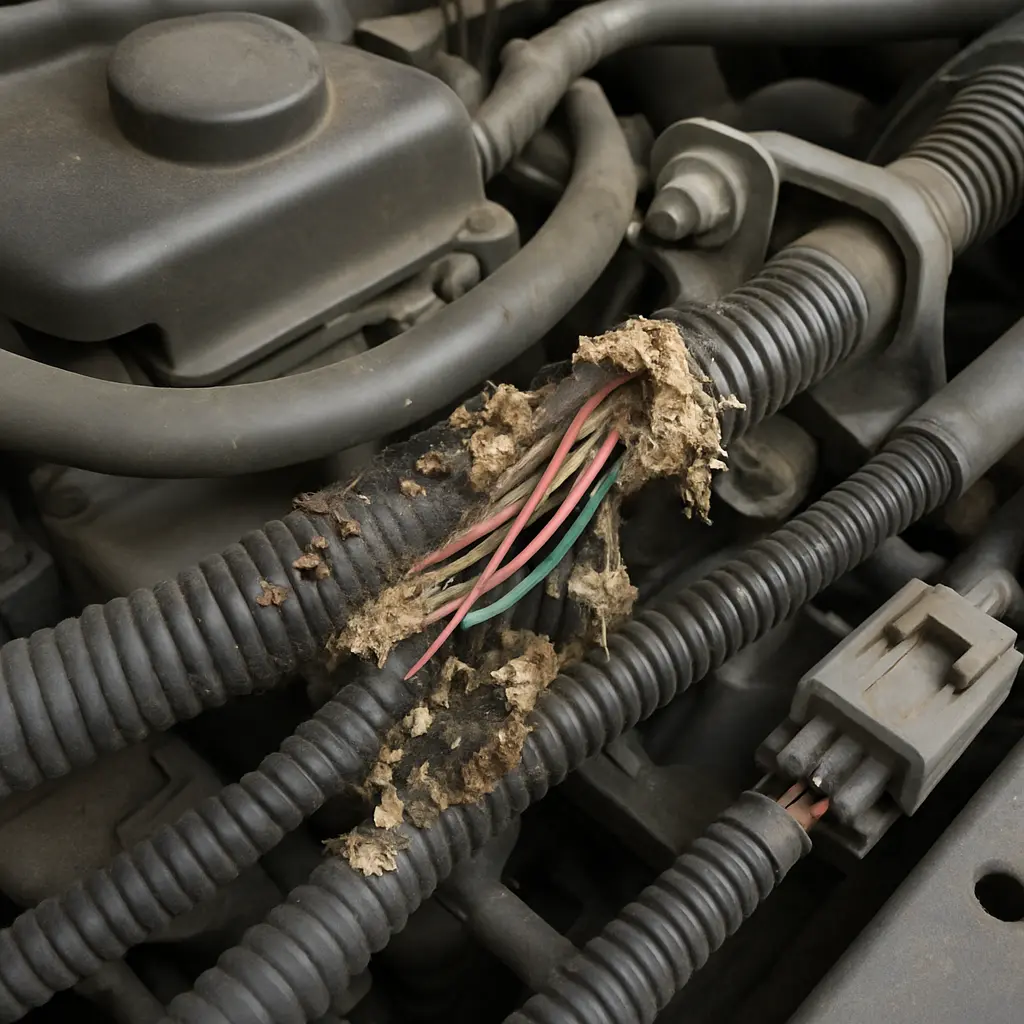 AI-generated image showing rodent damage inside a car engine compartment of a hybrid vehicle
