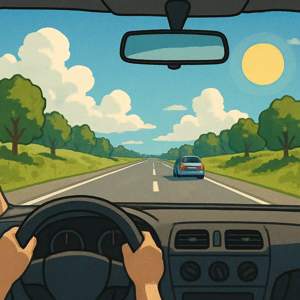 AI-generated image showing a hybrid car driving in hot summer conditions