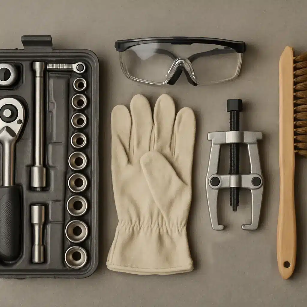 AI-generated image of all tools required for safely replacing a hybrid vehicle battery