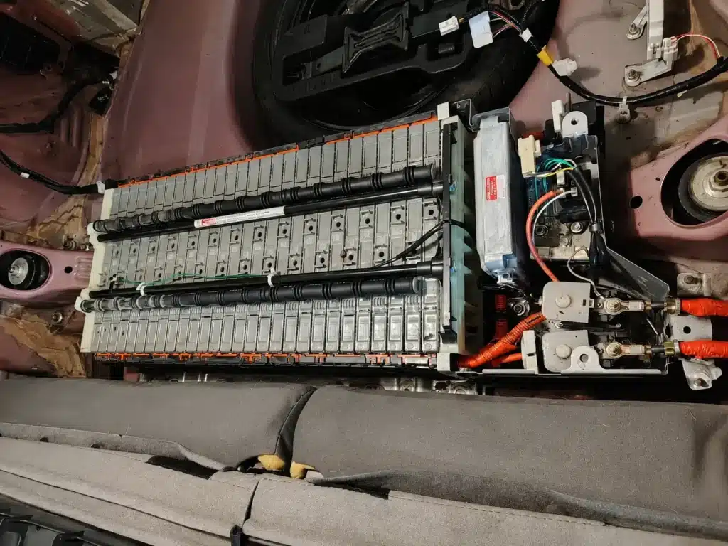 Toyota Prius Gen 3 high-voltage hybrid battery exposed during a battery health inspection.